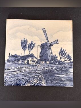 Vtg Royal Delft Blue Hand Painted Tile From Holland 6x6” Windmill 6x6